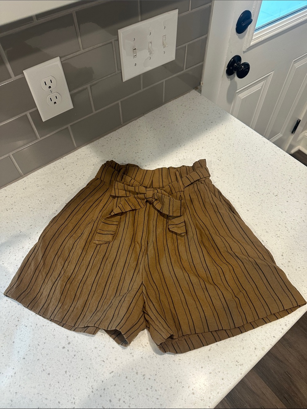 H&M Brown Striped High-Waist Paperbag Shorts with Self-Tie